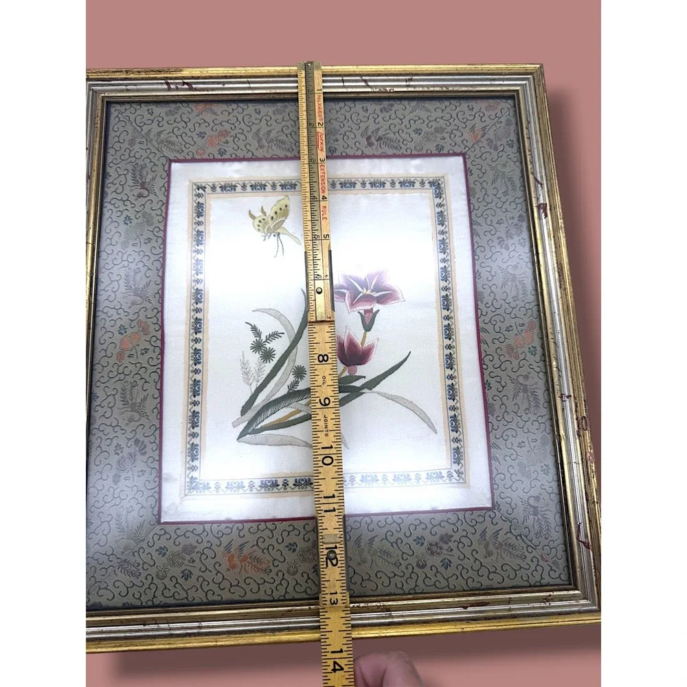 Vintage Framed Silk Embroidery Floral Butterfly Chinoiserie Wall Art 13x12